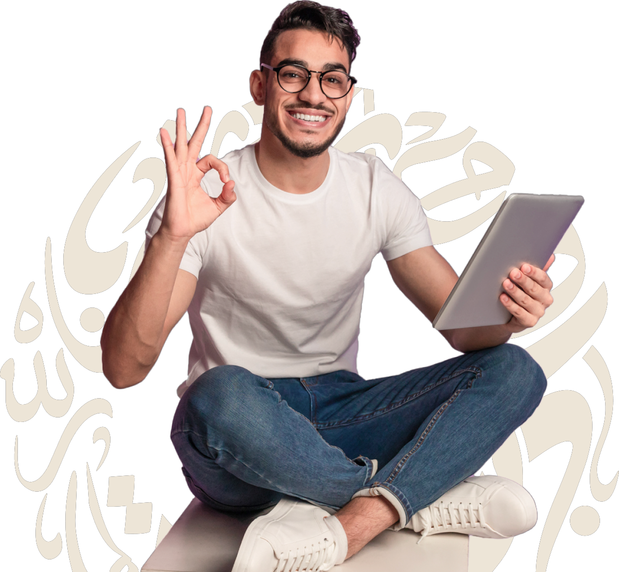 Student with tablet giving OK sign